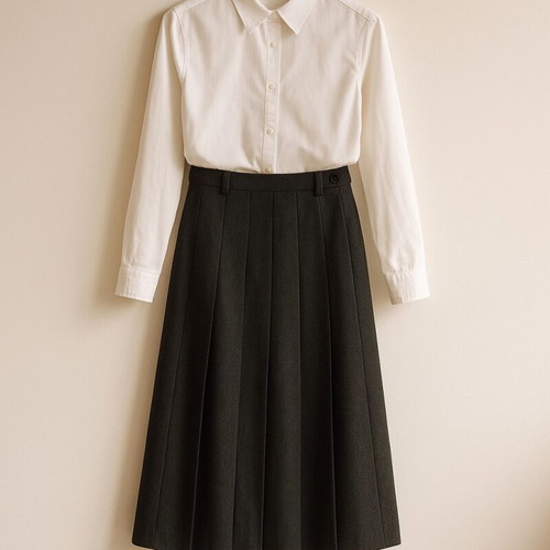 Long pleated skirt in dark khaki wool fabric like new