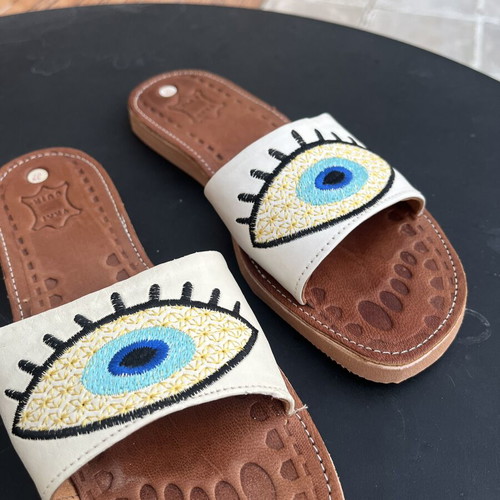 Leather sandals new with embroidered eye design size 37