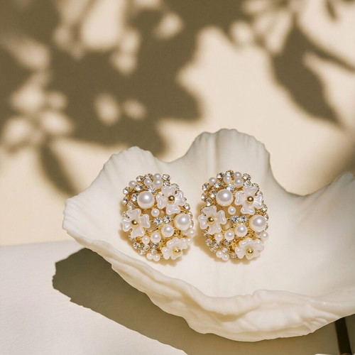 Floral Pearl and Crystal Stud Earrings New, White and Gold