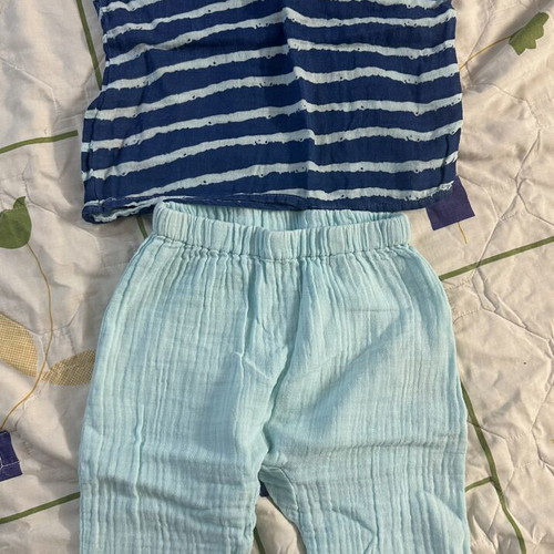 Baby cotton muslin set with striped short-sleeve top and light blue pants
