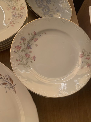 Floral vintage dish set used, includes 10 plates, 1 large platter, 2 small platters
