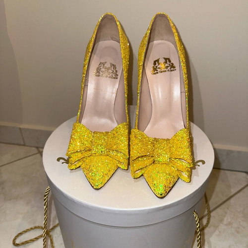 Yellow glitter high heels with bow, new, size 39