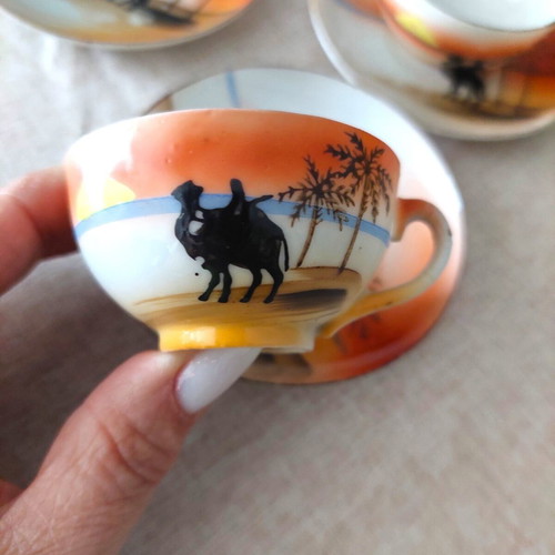Vintage Japanese Porcelain Coffee Cups Set of 6 Used, Hand Painted
