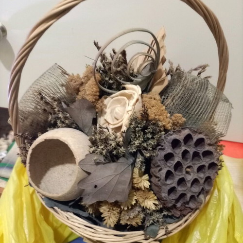 Basket with dried flowers used, height 31 cm