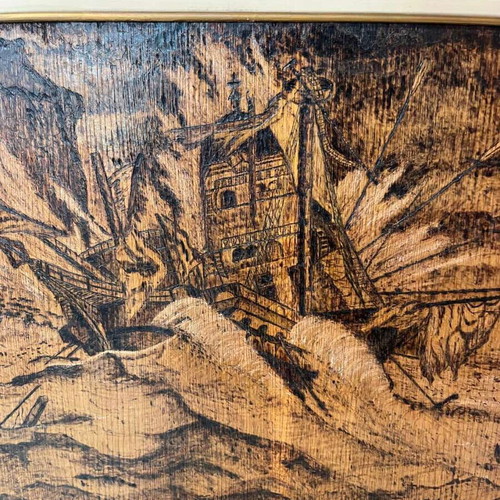 Vintage pyrography wall art with shipwreck scene and artist signature, 49x58