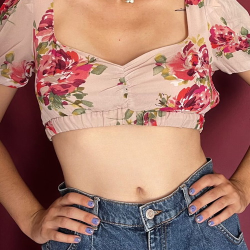 Cropped floral blouse Zara used, pink multicolor, summer short sleeves