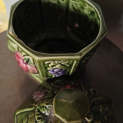 Vintage Japanese ceramic covered jar Majolica style