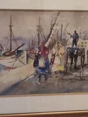 Byron Magkos Watercolor Painting used, Greek postwar genre scene