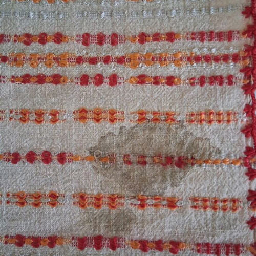 Traditional handwoven table runner used, red orange beige 53x68 cm