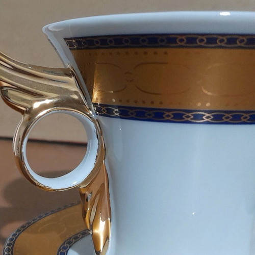 Limoge coffee cup set used, 2 cups with Hermes feather design