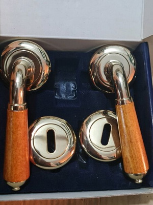 Door handle pair bronze with mahogany wood new solid