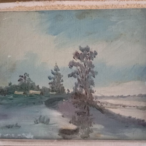 Retro landscape oil painting used, impressionist style with river and trees