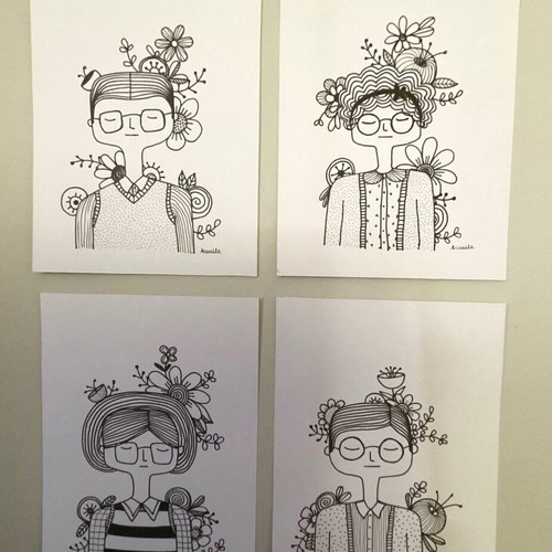 Spring set of 4 hand-drawn portraits on Bristol paper