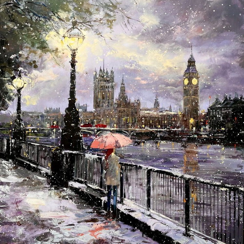 Mixed media artwork new, snowy night in London