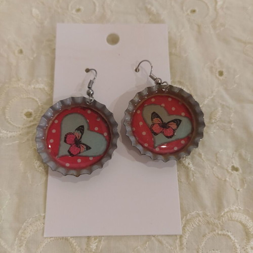 Earrings new red and white polka dot with heart and butterfly