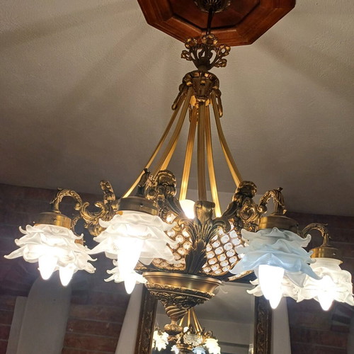 Vintage chandelier with bronze frame and 6 opaline shades new