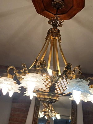 Vintage chandelier with bronze frame and 6 opaline shades new