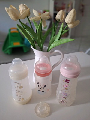 Mam and Nuk baby bottles used, set of 3 with Mam nipple