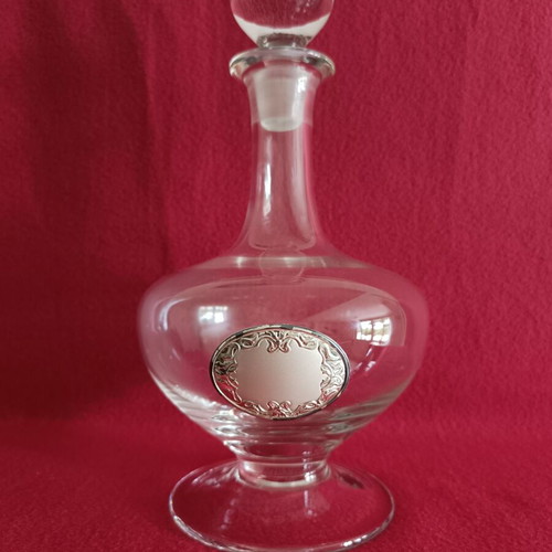 Liqueur decanter and 12 glasses crystal with silver decoration like new