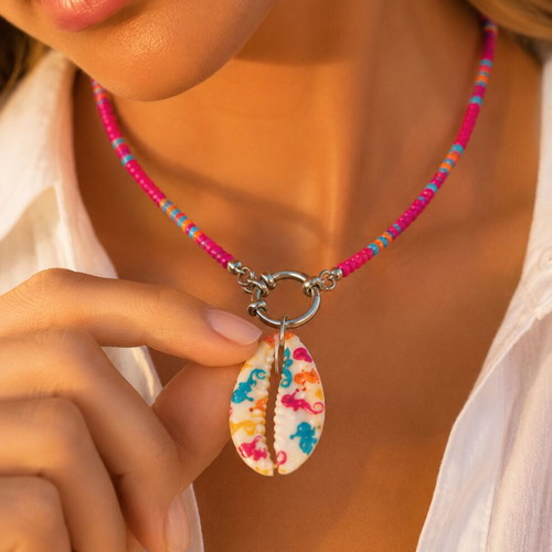 Handmade Necklace with Czech beads, stainless steel nautical steering wheel clasp, hand-painted shell