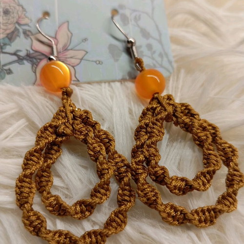 Macrame handmade earrings orange, new with stainless steel clasps