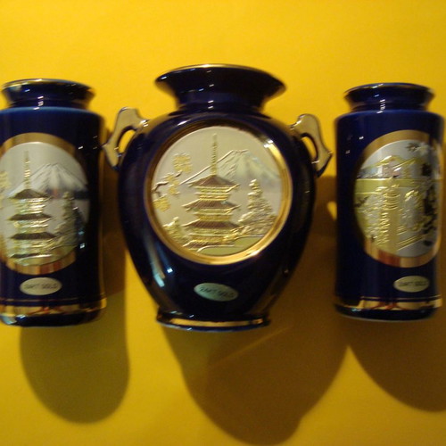 Vintage Chokin 24K Gold Edged vases used, set of 3, made in Japan