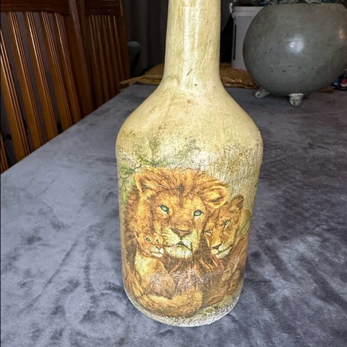 Handmade bottle with decoupage lion family theme, new