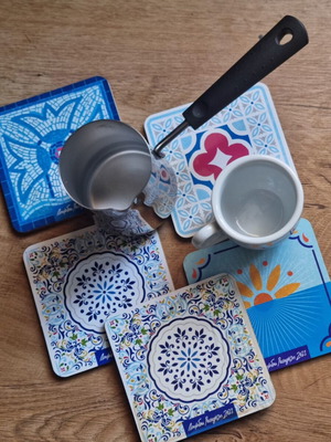 Loumidis set with stainless steel briki, coffee cup and coasters