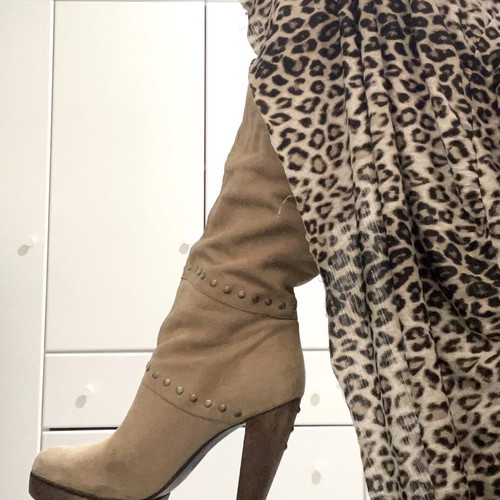 Leather knee-high boots with studs, beige, size 39