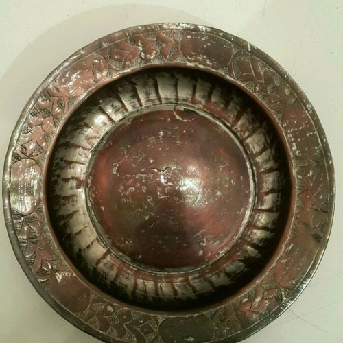 Carved vintage copper deep handmade plate used 23.5cm
