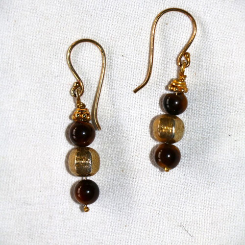 Gold earrings with tiger's eye and 22K gold-plated clasp, new