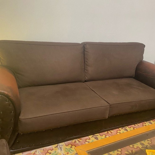 Leather antique sofa set used, 3 pieces with suede cushions