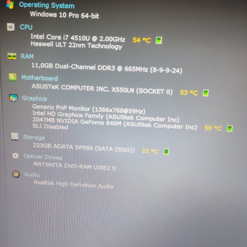 Asus X550LN laptop used, Intel Core i7, 12GB RAM, 256GB SSD, no battery