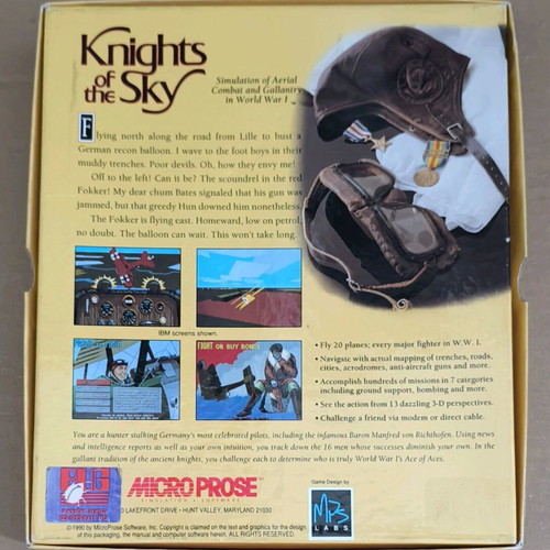 Knights Of The Sky MicroProse PC 5.25" disks like new, Big Box