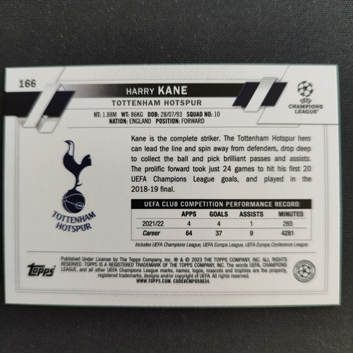Topps Champions League 2023 Harry Kane card No 166 like new