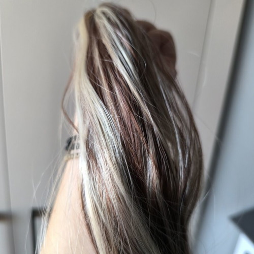 Ponytail hair extension with foil, sweet chestnut red with blonde highlights