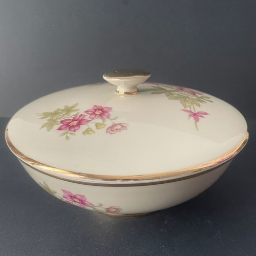 Vintage Winterling Marktleuthen porcelain covered bowl used, pink clematis and gold