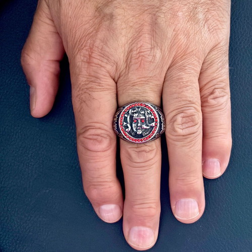 Medusa Gorgon ring, 316L stainless steel with red cubic zirconia