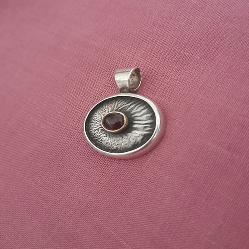 Vintage handmade pendant by G. Tsoukalas, silver 925, gold & garnet