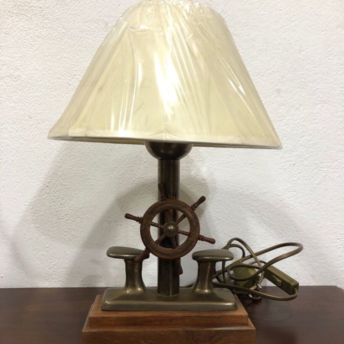 Table lamp new, wood with brass and nautical decorative helm