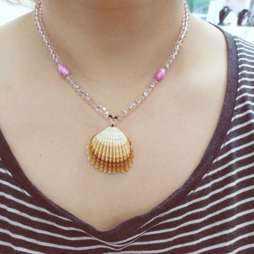 Handmade shell necklace new with black macrame cord and pink crystal beads