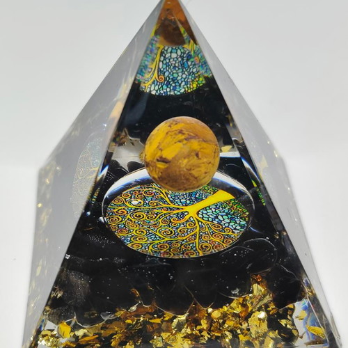 Handmade Orgonite Pyramid with Tiger's Eye and Tree of Life