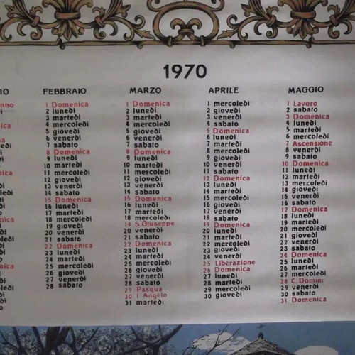Italy Vintage 1970 Silk Hanging Calendar used, Tessem Agi Achille Giussani Como