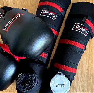 Εξοπλισμός king boxing δύο σετ σε κόκκινο μαύρο,μπάντας,μασελακια, γάντια, επικαλαμιδες Olympus.