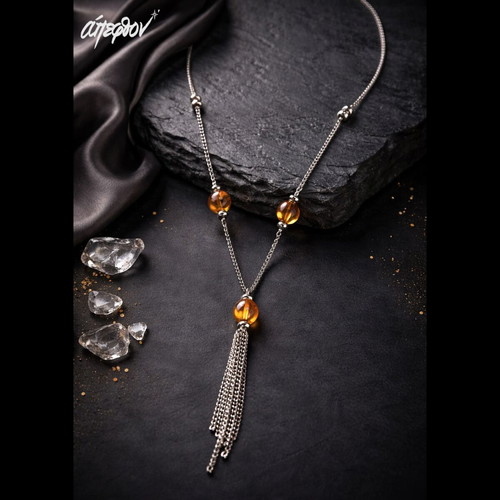 Long 925 silver necklace with genuine amber and platinum finish new