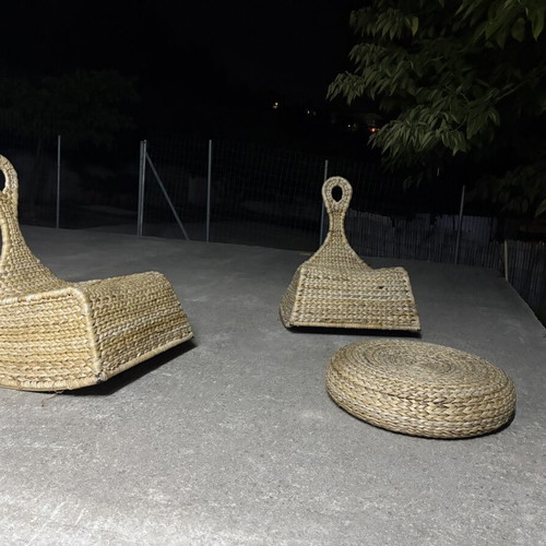 Boho Rattan Floor Furniture Set – 2 Rocking Chairs & 1 Pouf