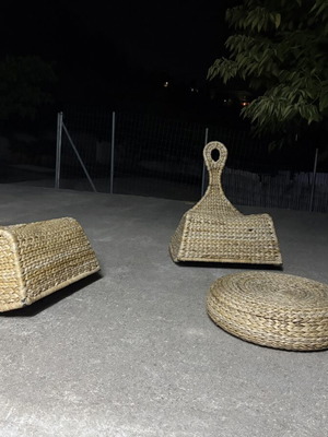 Boho Rattan Floor Furniture Set – 2 Rocking Chairs & 1 Pouf