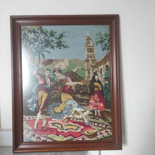 Embroidered paintings used, set of 5 with people, birds, flowers, ducks
