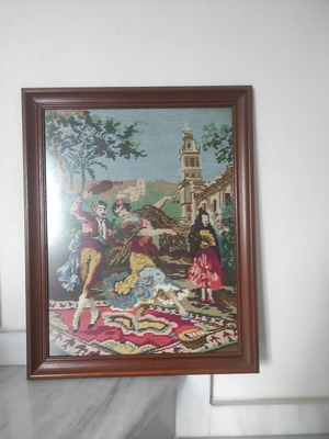 Embroidered paintings used, set of 5 with people, birds, flowers, ducks