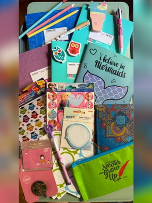 School supplies set with notebooks, pens, pencils, stickers, and case